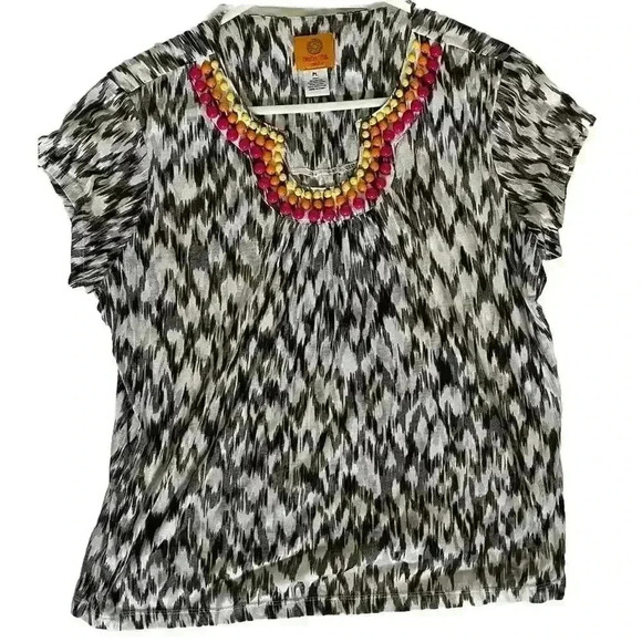 Ruby Rd Top Womens White Short Sleeve PL Multicolor Beaded Embellishment - Picture 1 of 4